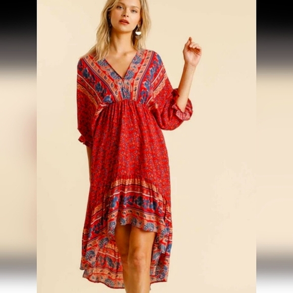 Umgee Boho Floral Hi-Low Maxi Dress L Plunging V-Neck V-back Flowy Festival Chic - Picture 9 of 14